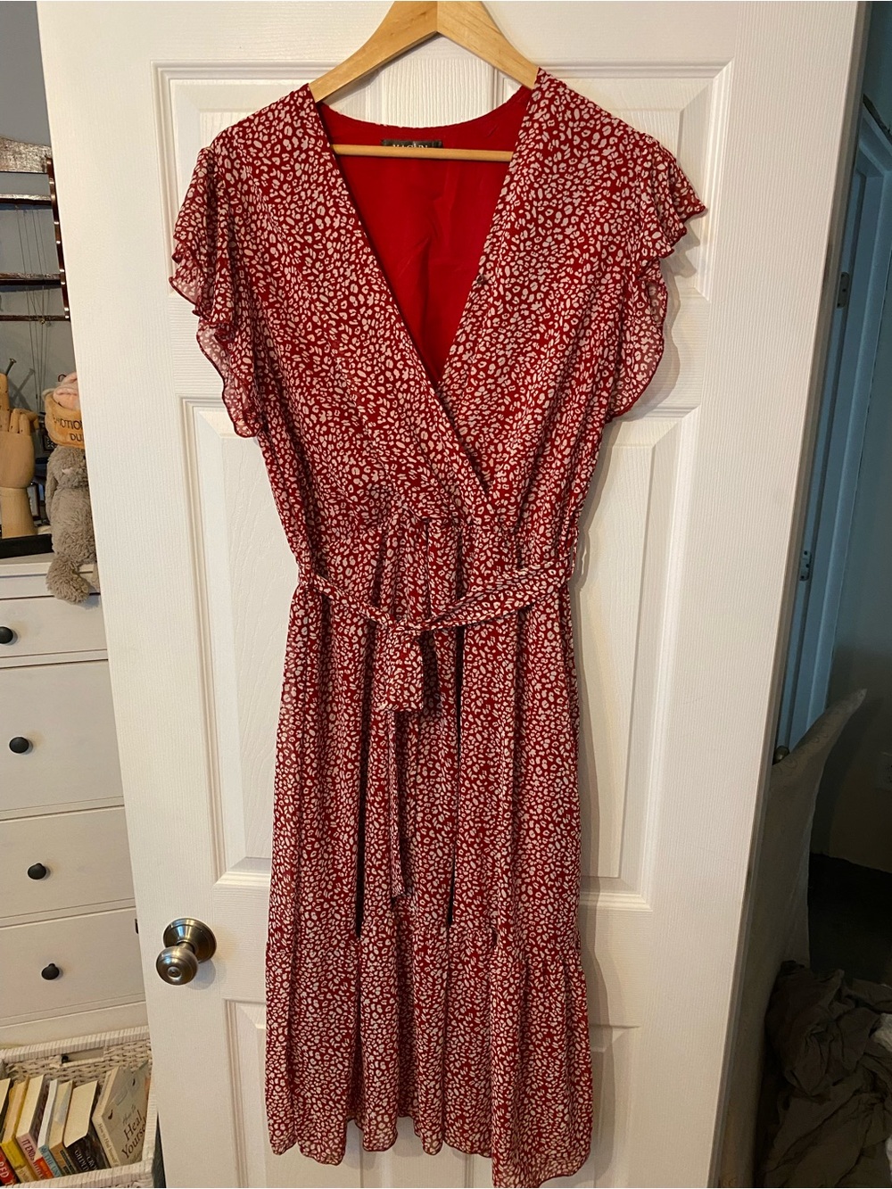 Lined Burgundy Floral Midi Dress with Tie Waist